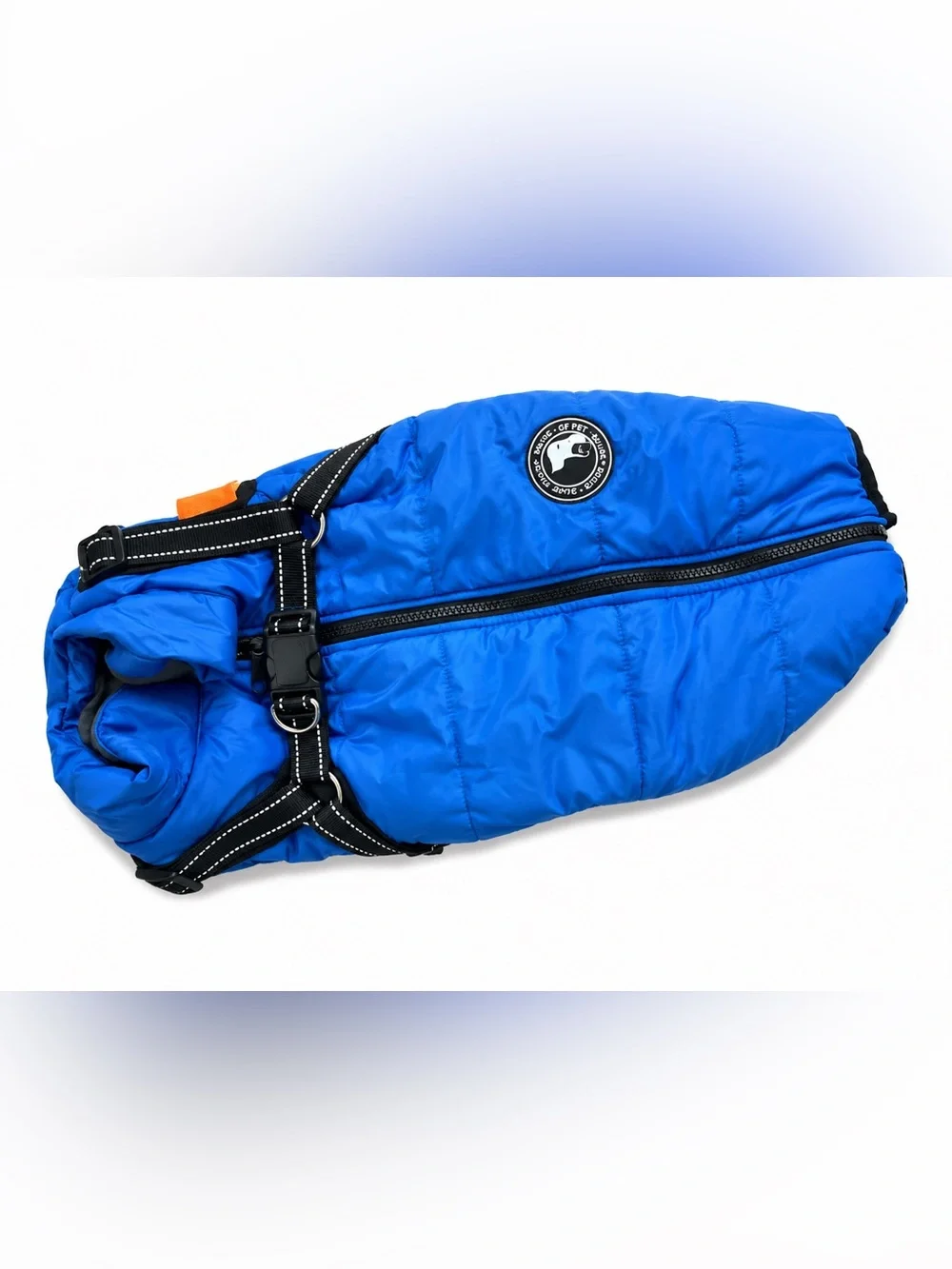 Blue Puffer Dog Coat with Integrated Harness